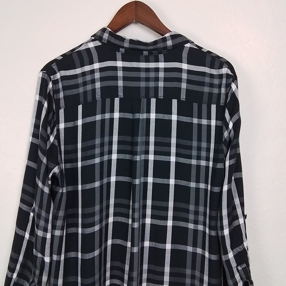 Woolrich Womens Flannel Shirt XL Black White Plaid Relaxed Fit Roll Tab‎ Sleeves - Picture 6 of 13